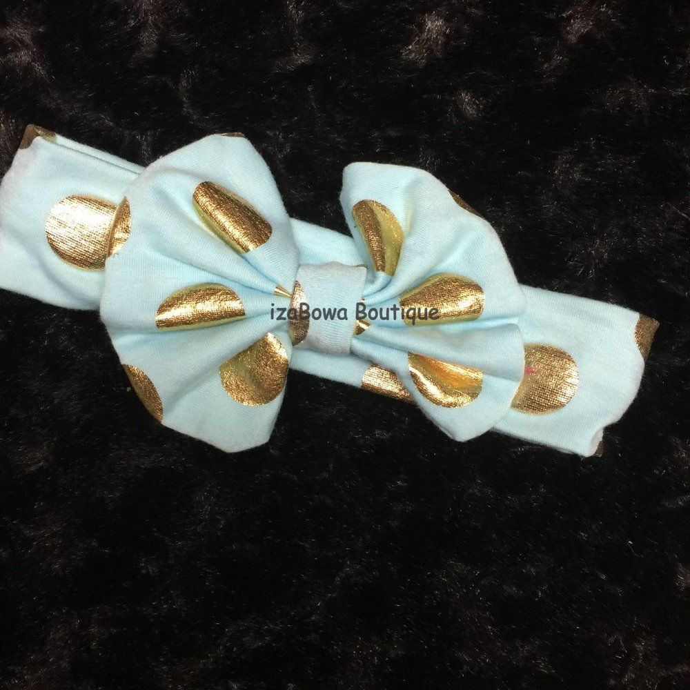 Aqua & Gold Dot Bow Tie Cotton Headband   HB1012  Handmade NWT Boutique